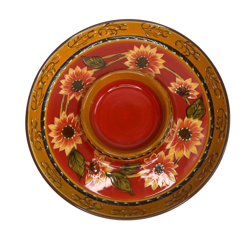 Pier 1 Sunflower Chip and Dip Server 12" Diameter Ceramic Round